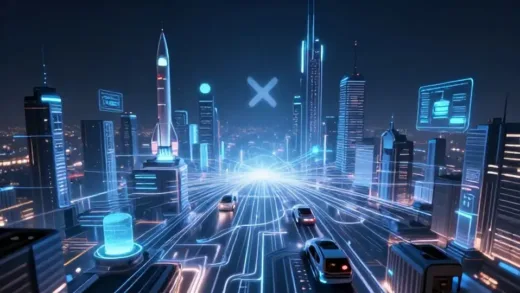 A highly futuristic, intricate digital city with glowing lines connecting various advanced technologies like rockets, AI interfaces, and electric vehicles, all overseen by a subtle 'X' logo in the sky. Dynamic, awe-inspiring, high-tech, digital art.