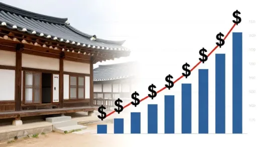 A split image showing a traditional Korean apartment on one side and a dramatically rising stock market graph with dollar signs on the other, representing the contrast of stagnant versus growing assets over a decade.