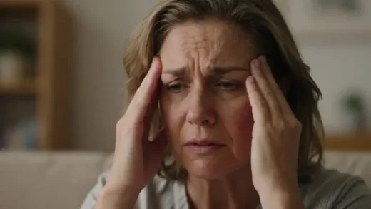 A close-up of a worried woman in her 50s, looking distressed, with blurred vision effect around her, suggesting a sudden diagnosis. The background is a warm, cozy home interior.