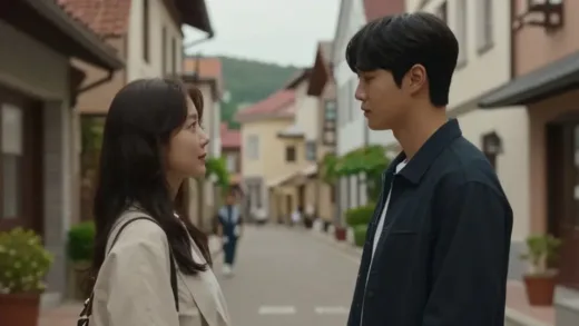 A romantic scene from a Korean drama showing two characters meeting in a beautiful foreign location, with soft lighting and cinematic atmosphere. The background shows a charming European-style street with historic buildings.