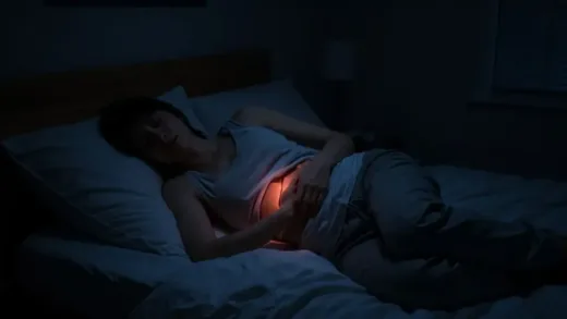 A person lying awake in bed at 3 AM, with a subtle glow around their liver area, indicating distress. The room is dark and quiet, emphasizing the feeling of insomnia.
