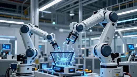 A futuristic factory scene with sleek, advanced humanoid robots working alongside advanced machinery, glowing blue and white lights, symbolizing innovation and efficiency. Hyundai's 'Atlas' robot is prominently featured.