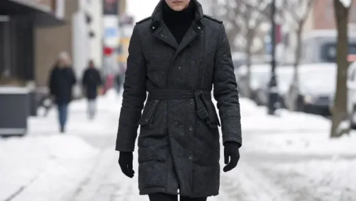 A stylish person confidently walking in a snowy city street, wearing a well-fitted winter coat, with a subtle glow of warmth.