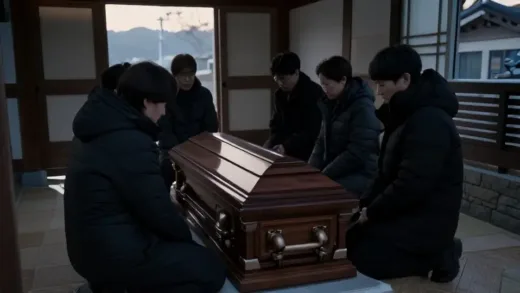 A quiet funeral home in Korea at dawn, with only a few family members gathered around a simple coffin, no traditional mourning hall or elaborate decorations. The atmosphere is solemn and intimate, with soft, muted lighting.