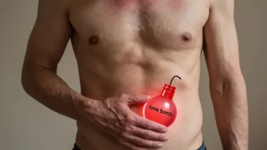 An abstract image of a person looking tired and having skin issues, with a symbolic "time bomb" in their gut, representing the unseen dangers of accumulated waste. The background could subtly suggest aging with a soft, warm light focusing on the gut area.