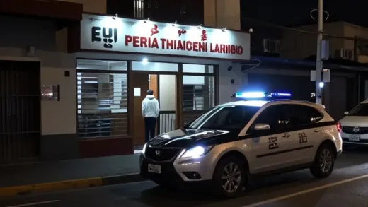 A CCTV surveillance footage style image showing a presidential motorcade parked outside a Chinese restaurant at night in Lima, Peru, with a figure in a white hoodie entering the building, dramatic lighting, security details visible, atmospheric nighttime street scene