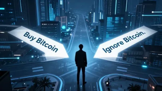 A person standing at a crossroads, looking at two paths: one labeled "Buy Bitcoin" and the other "Ignore Bitcoin." The background is a futuristic city with glowing digital lines, symbolizing the digital age and financial complexity.