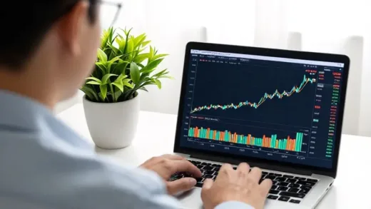 A person looking confidently at a laptop screen displaying stock market graphs, with a vibrant, growing plant in the foreground, symbolizing long-term investment and growth. The setting is modern and bright.