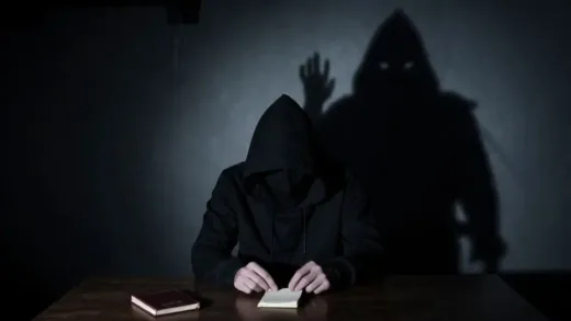 A stark image of a solitary figure sitting in a dimly lit room, with a shadow of a grim reaper in the background, symbolizing the unseen struggle of lonely death. A small, anachronistic passbook lies open on a table.
