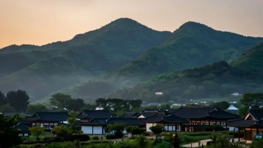 Ancient Gaya landscape with traditional Korean houses and lush green mountains, sunrise, serene and mysterious.