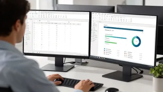 A modern office worker using Claude AI integrated with Microsoft Excel and PowerPoint on dual monitors, showing data visualization and presentation slides being automatically generated