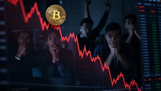 A dramatic cryptocurrency market crash visualization with Bitcoin price chart plunging steeply, panic among digital investors in the background, dark and tense atmosphere, digital art style
