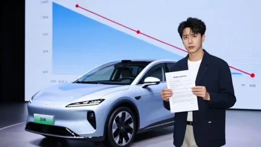 A futuristic electric car being evaluated for its depreciated value, with graphs showing steep price drops in the background. A consumer looks worried while holding a contract.