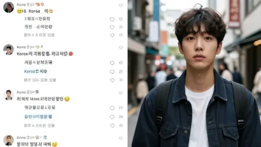 A split image. On one side, a Taiwanese online forum comment section with many mentions of "Korea" and "Samsung". On the other side, a Korean person looking nonchalant, perhaps on a street in Seoul. The overall tone is curious and analytical.