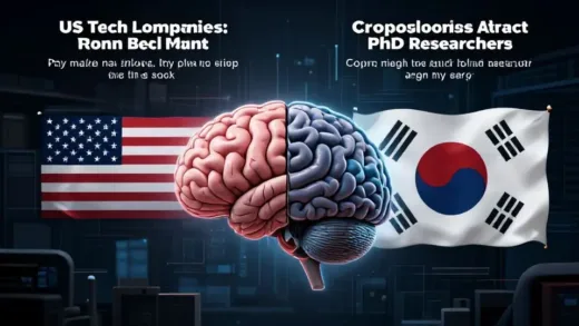 A dramatic infographic showing a comparison between US tech companies offering high salaries and Korean corporations struggling to attract PhD researchers, with visual elements representing brain drain and technological competition