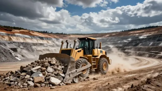 A dynamic shot of a massive bulldozer pushing a huge pile of earth and rocks in a vast, dusty open-pit mine under a dramatic sky, industrial machinery, engineering marvel, wide angle, high contrast.