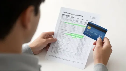 A confused person looking at a credit card statement with interest highlighted, a credit card on a table.