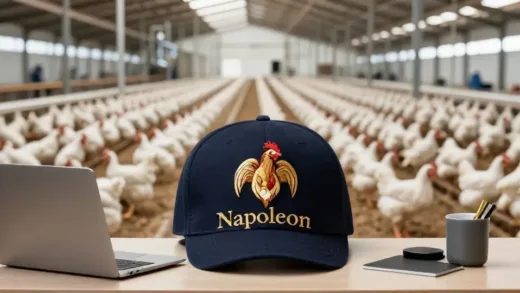 Napoleon's hat prominently displayed on a modern CEO's desk, with a blurred background of a vast, clean chicken farm and processing facility, symbolizing ambition and successful agricultural enterprise.