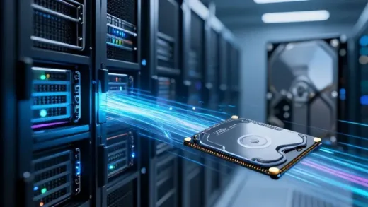 A futuristic data center, with glowing, high-speed data streams flowing between sleek server racks. In the foreground, a prominent stylized SSD, contrasting with a blurred, older HDD in the background. Emphasize the shift from processing power (represented by abstract light) to efficient data storage.