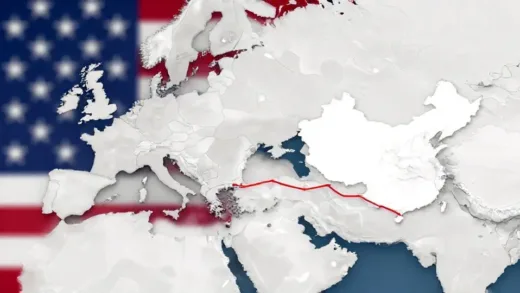 A detailed map showing a red line connecting the Middle East to China, with a large US flag subtly in the background, symbolizing hidden geopolitical strategy.