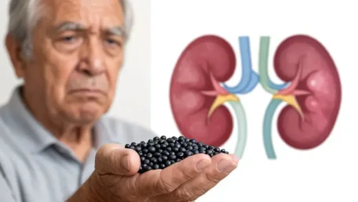 An elderly person holding black soybeans with a concerned expression, medical chart and kidney diagram in the background, contrasting healthy and damaged kidneys