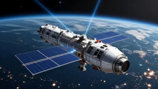 A futuristic orbital data center floating in space with solar panels extended, connected to Earth by laser beams, against the backdrop of planet Earth with city lights visible at night, hyperrealistic detailed illustration