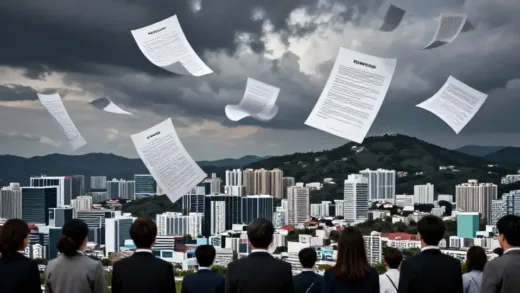 A dramatic cityscape showing Daegu and Gyeongbuk region merging together with legal documents floating in the air, symbolic representation of administrative integration with concerned citizens in the foreground