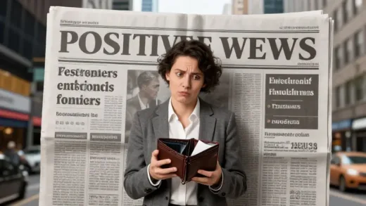 A person standing in front of a giant financial newspaper showing positive economic headlines, but their wallet is visibly empty, looking puzzled. The background shows a bustling city with a slight disconnect between the vibrancy and the person's expression. Focus on the contrast between news and personal finance.