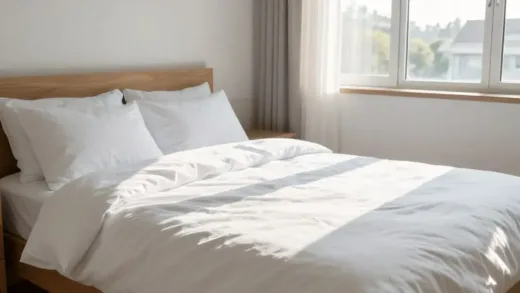 Cozy bedroom with a bright, clean bed, sunlight streaming through the window, emphasizing freshness and hygiene.