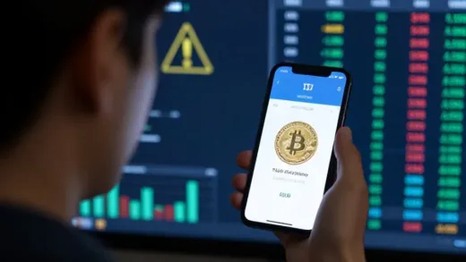 A person looking shocked at a phone screen showing a huge amount of cryptocurrency in their account, with a background of digital financial data and a subtle warning sign.