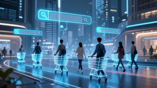 A futuristic city landscape with glowing AI interfaces, showing shopping carts and search bars transforming into intelligent agents guiding users.
