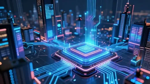 A dynamic, futuristic cityscape with glowing circuits and data streams, symbolizing a rapidly changing tech landscape. In the foreground, a stylized, powerful AI core with abstract representations of HBM chips and robotic elements suggests a new era of technological dominance.
