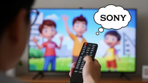 A person holding a remote control, looking at a TV screen showing a successful animated series, with a thought bubble above their head questioning Sony's strategy.