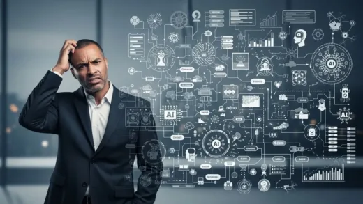 A perplexed business leader standing before a complex, blurred roadmap with AI symbols, seeking clarity.