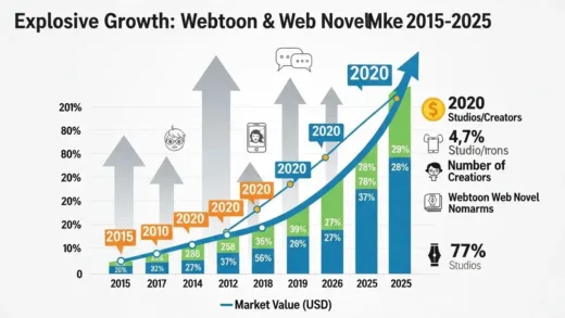 A dynamic infographic showing the explosive growth of the webtoon and web novel market from 2015 to 2025, with increasing numbers of studios and market value, and upward trending arrows.