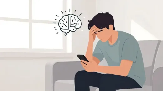 A person sitting on a couch looking frustrated while scrolling phone, with brain icon showing energy conservation mechanism, morning sunlight through window, minimalist illustration style