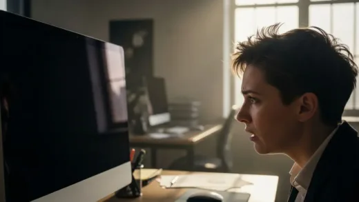 A person staring at a black computer screen with a confused expression, office background with morning light coming through window