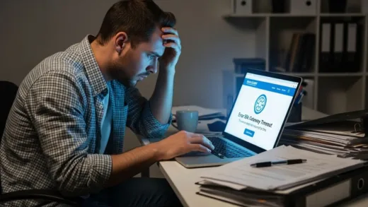 A frustrated small business owner trying to access a government website on laptop, showing loading screen error, in realistic style