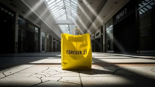 A bright yellow Forever 21 shopping bag abandoned on an empty shopping mall floor, dramatic lighting, symbolic of rise and fall, photorealistic style