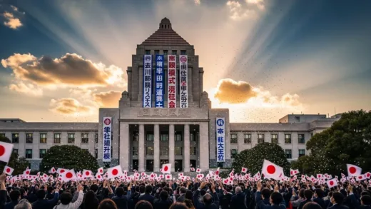 Japanese National Diet building with election banners and crowds, dramatic lighting, political victory atmosphere, detailed modern architecture, realistic photo style