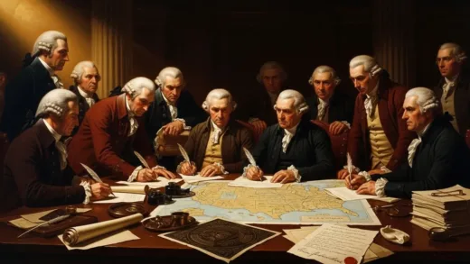 A dramatic historical painting of American founding fathers signing documents with maps and land deeds scattered on the table, golden light illuminating the scene