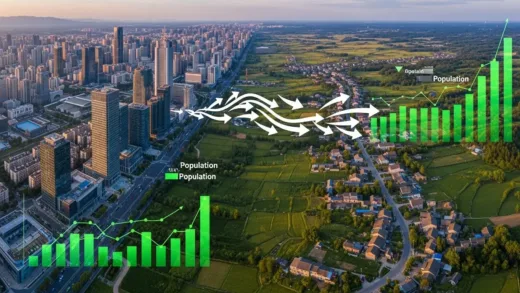 A dramatic aerial view showing arrows flowing from a modern city into a rural village, with population growth charts overlaying the landscape, symbolizing rural migration trends