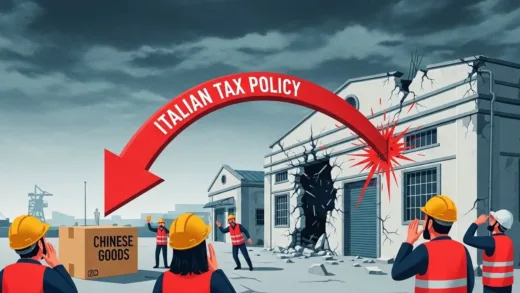 A dramatic illustration showing a red arrow labeled 'Italian Tax Policy' pointing at a box labeled 'Chinese Goods', but the arrow unexpectedly curves back and hits a crumbling Italian warehouse or port, with shocked workers looking on. The style should be modern editorial illustration.