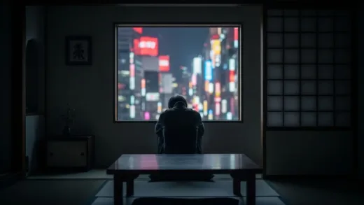 A dimly lit Japanese room with a lone figure sitting in shadows, contrasting with bright neon city lights visible through a small window, conveying isolation and social withdrawal