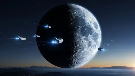 A stunning view of the Moon from Earth's perspective with spacecraft approaching, cinematic lighting, showing renewed interest in lunar exploration