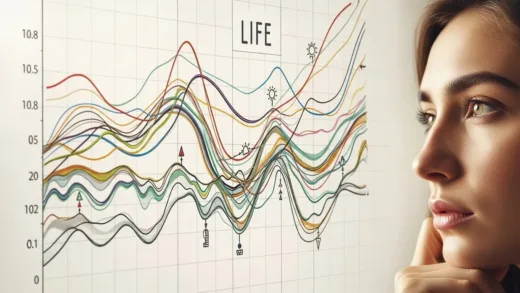A person looking at a beautifully drawn life graph with lines representing ups and downs, showing reflection and thoughtful expression. The graph is detailed and visually engaging.