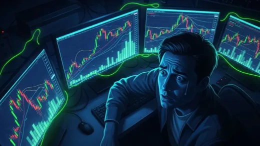 A person staring at multiple financial charts on computer screens at night, worried expression, digital art style with glowing green and red lights