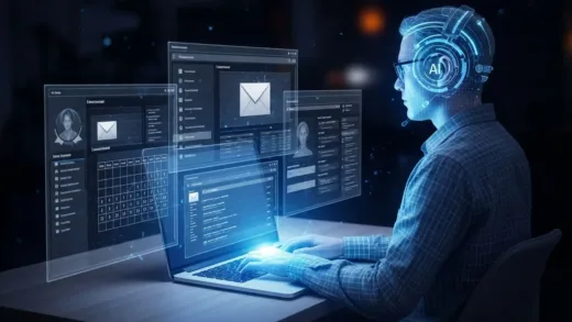 A futuristic AI assistant hologram working on a laptop at night, with multiple screens showing email management, calendar scheduling, and web browsing interfaces, dark tech atmosphere with blue light accents