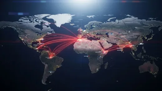 A dramatic world map showing geopolitical tension hotspots with glowing lines connecting Greenland, China, and the United States, symbolizing global power struggles in 2026, cinematic lighting, dark atmosphere with strategic highlights