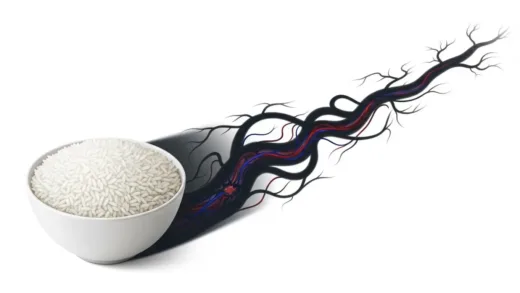 A bowl of white rice with a sinister shadow behind it, representing the silent threat to blood vessels, medical illustration style, clean and informative